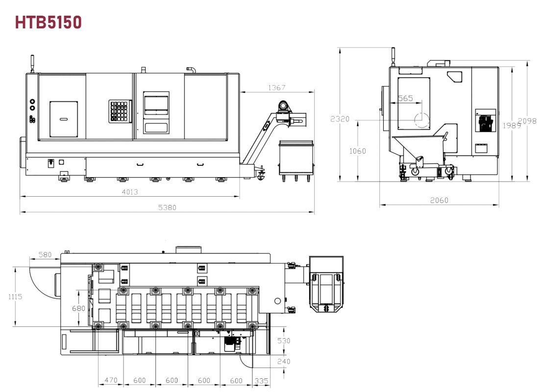 HTB5150 SLANT BED CNC TIRA LAYOUT da máquina 1022