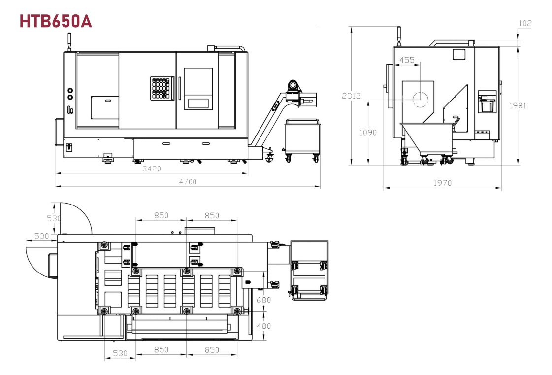 HTB650A SLANT BED CNC TIRA LAYOUT da máquina 1023